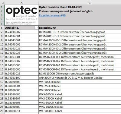 Liste de prix Optec à partir du 01.04.2024